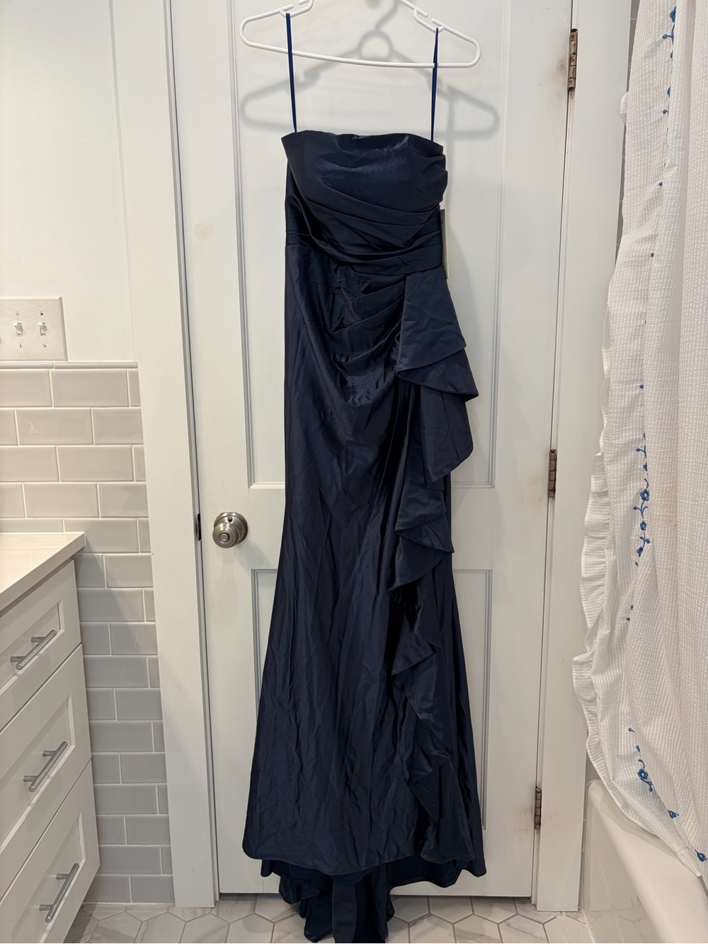 Navy Strapless Gown Prom